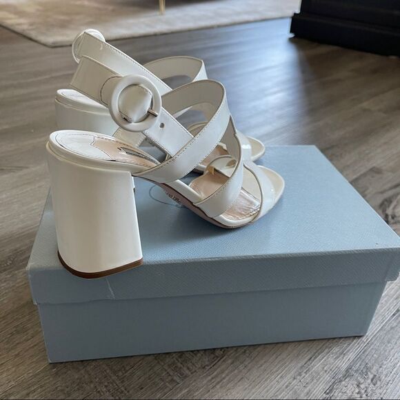 Prada White Box Patent Caged 85mm Sandals - Picture 11 of 12